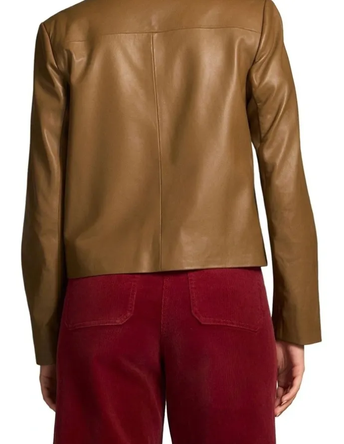 Blue Illusion Buttoned Leather Jacket - Tan