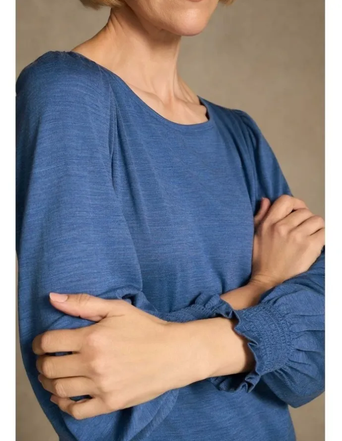 Blue Illusion Shirred Cuff Merino Top - Bluebell Marle