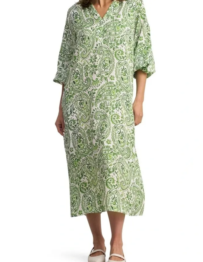 Blue Illusion Blouson Sleeve Shift Dress - Green Paisley Print