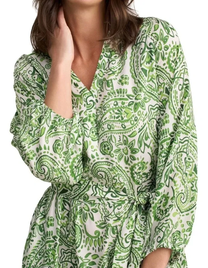 Blue Illusion Blouson Sleeve Shift Dress - Green Paisley Print