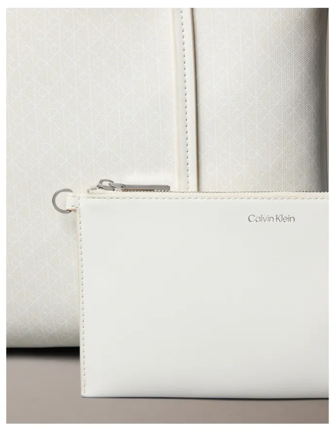 Calvin Klein Emblem Allover Print Tote Bag With Pouch in White