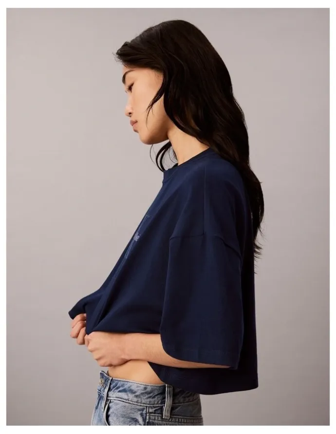 Calvin Klein Jeans Denim Monologo Boxy Cropped T-Shirt in Pageant Blue