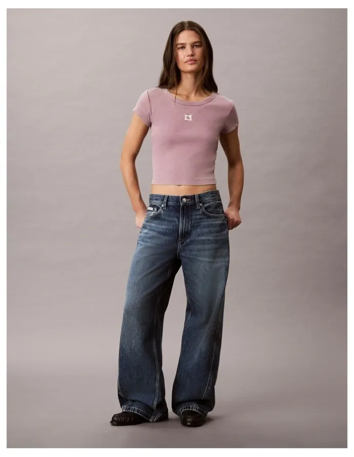 Calvin Klein Jeans Woven Label Rib Baby Tee in Dusky Orchid