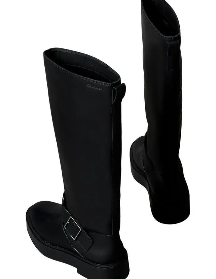 Calvin Klein Leather Stacked Heel Biker Boots in Black