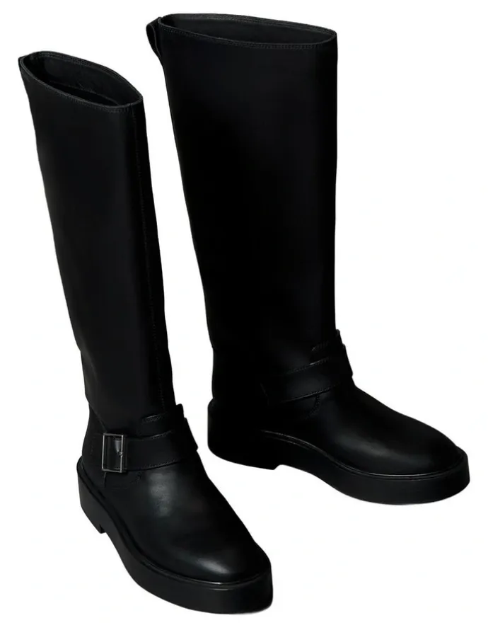 Calvin Klein Leather Stacked Heel Biker Boots in Black