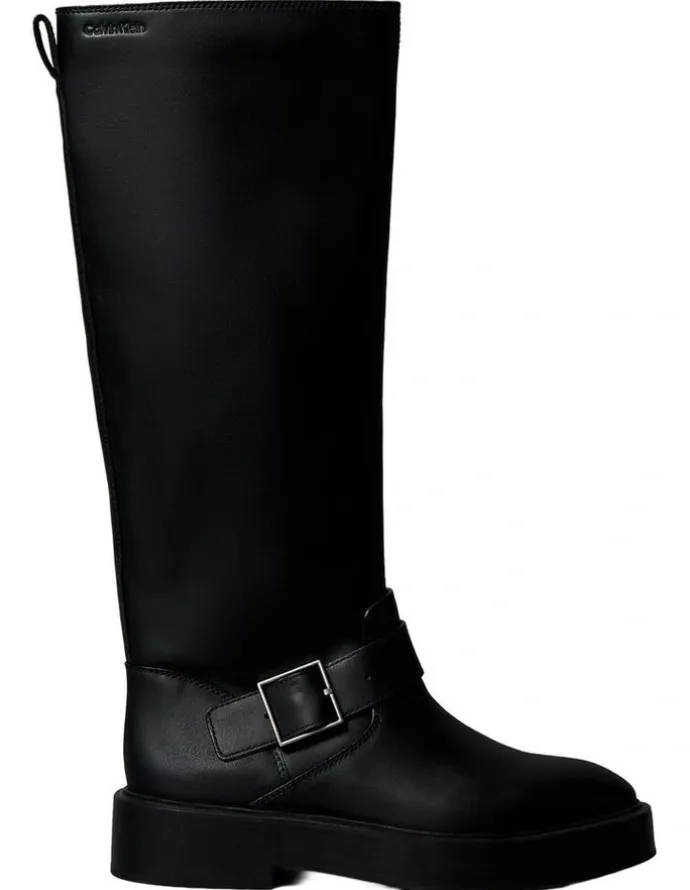 Calvin Klein Leather Stacked Heel Biker Boots in Black