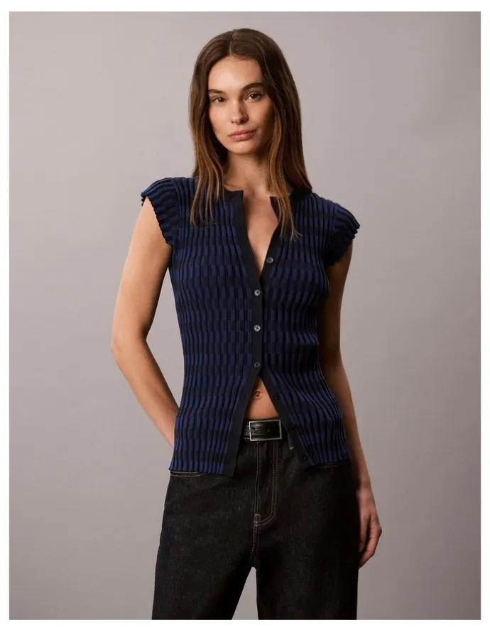 Calvin Klein Women Checkered Rib Cardigan in Estate Blue
