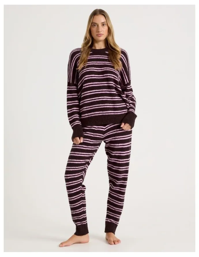 Chloe & Lola Cosy Boucle Crew Long Sleeve Top in Burnt Fig Stripe