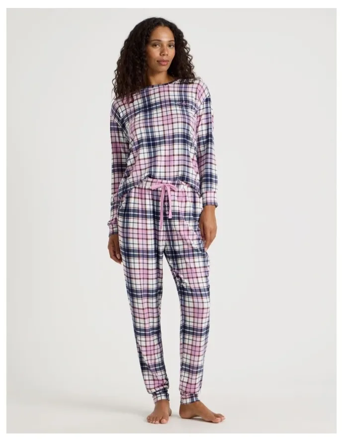 Chloe & Lola Cosy Supersoft Cuffed Pant in White Cabin Check Print