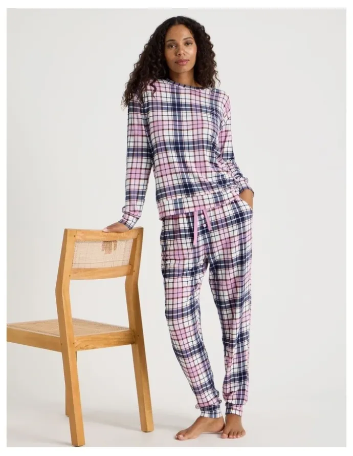 Chloe & Lola Cosy Supersoft Long Sleeve Top in White Cabin Check Print