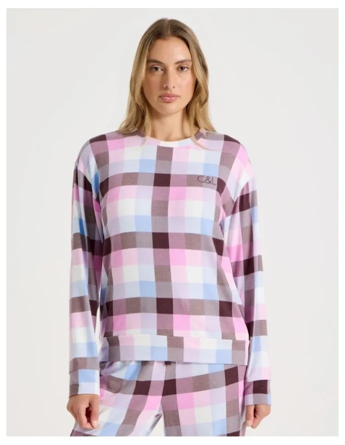 Chloe & Lola Cosy Supersoft Long Sleeve Top in Pink Check Print