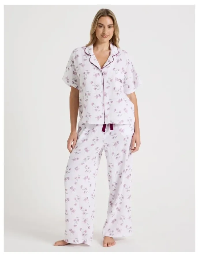 Chloe & Lola Divine Cheesecloth Short Sleeve Long PJ Set in Embroidered Floral Print