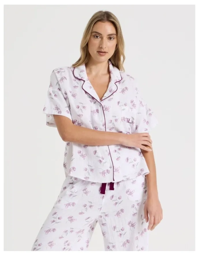 Chloe & Lola Divine Cheesecloth Short Sleeve Long PJ Set in Embroidered Floral Print