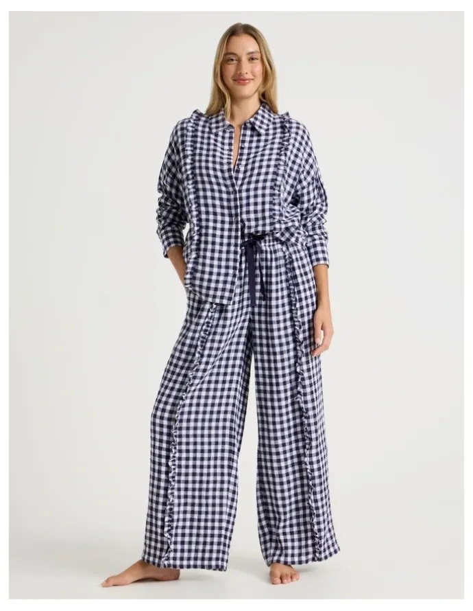 Chloe & Lola Divine Cheesecloth Frill Long Sleeve Long PJ Set in Navy Gingham Print