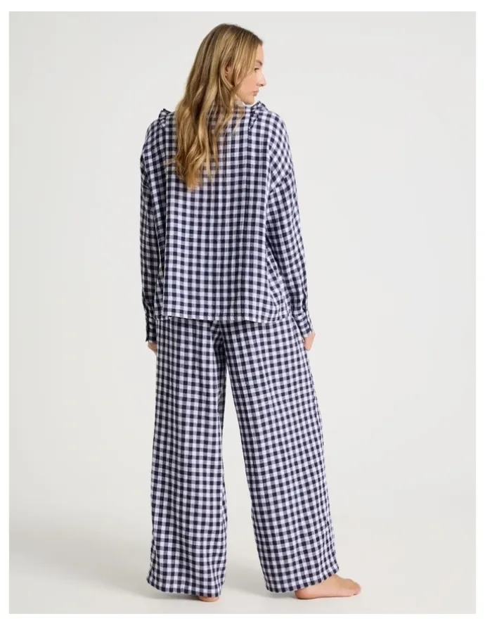 Chloe & Lola Divine Cheesecloth Frill Long Sleeve Long PJ Set in Navy Gingham Print
