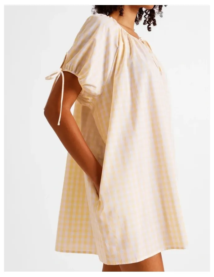 Chloe & Lola Divine Puff Sleeve Short Nightie in Apricot Gingham Y/D Print