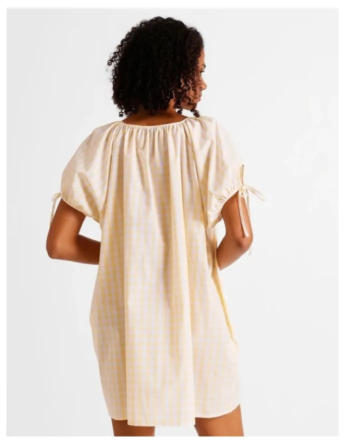 Chloe & Lola Divine Puff Sleeve Short Nightie in Apricot Gingham Y/D Print