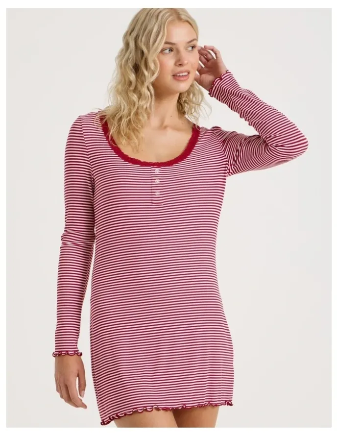 Chloe & Lola Lola Fluted Rib Long Sleeve Chemise in Chilli Red Y/D Stripe