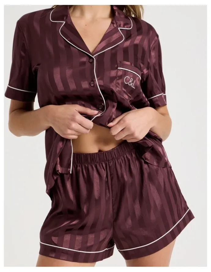 Chloe & Lola Luxe Satin Jacquard Stripe Short Sleeve Short PJ Set in Raisin Jacquard