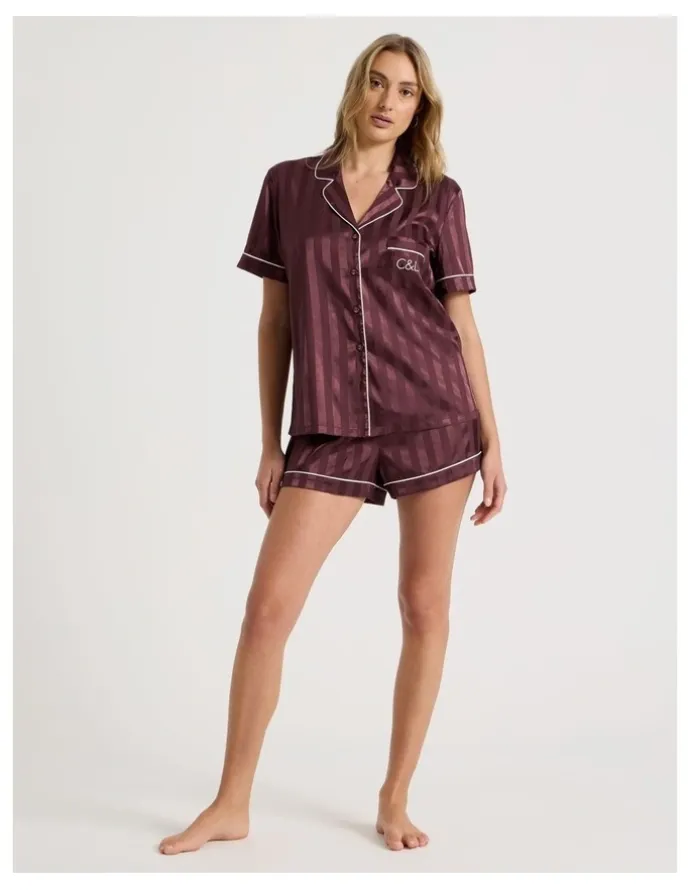 Chloe & Lola Luxe Satin Jacquard Stripe Short Sleeve Short PJ Set in Raisin Jacquard