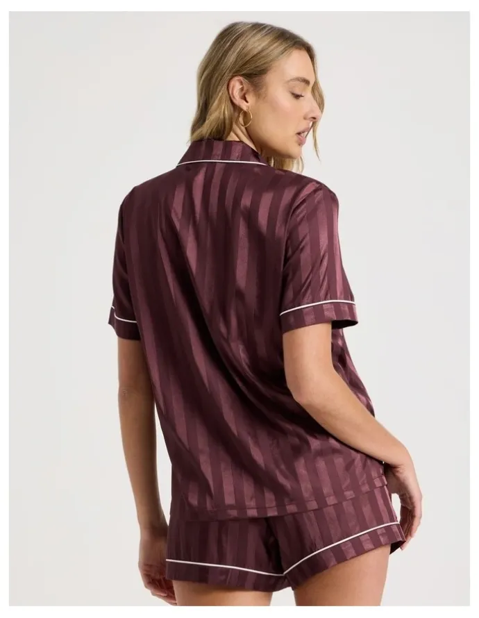 Chloe & Lola Luxe Satin Jacquard Stripe Short Sleeve Short PJ Set in Raisin Jacquard