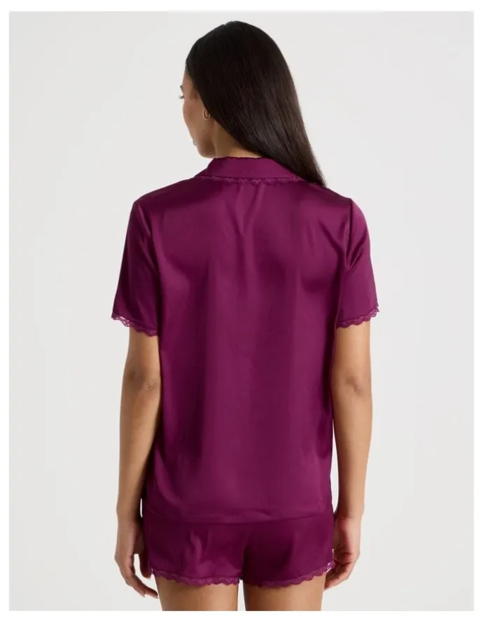 Chloe & Lola Luxe Satin Lace Shoer Sleeves PJ Set in Berry