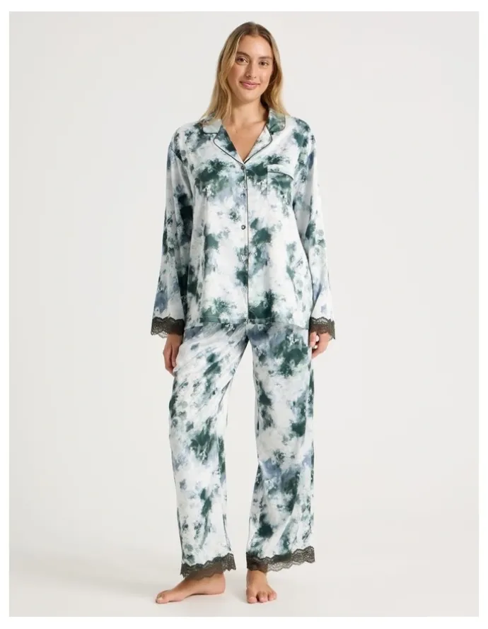 Chloe & Lola Luxe Satin Lace Long Sleeve Long PJ Set in Olive Cloud Print