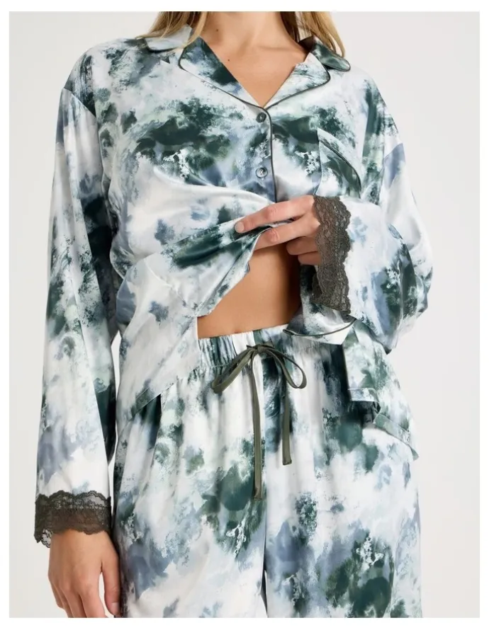 Chloe & Lola Luxe Satin Lace Long Sleeve Long PJ Set in Olive Cloud Print