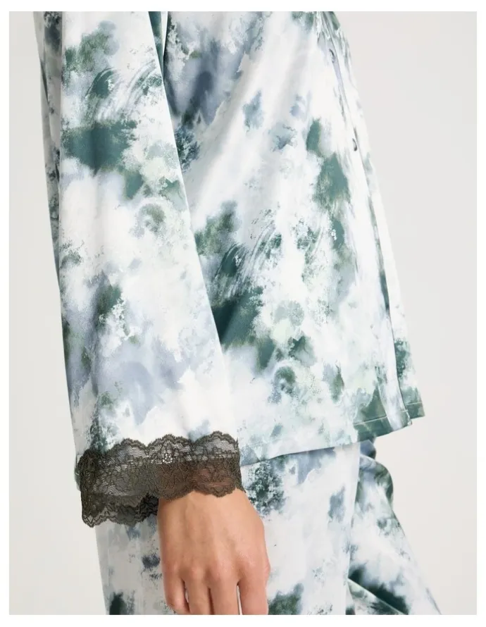 Chloe & Lola Luxe Satin Lace Long Sleeve Long PJ Set in Olive Cloud Print