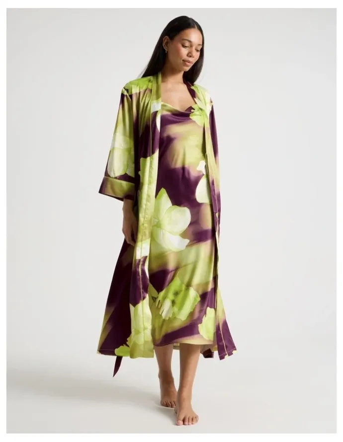 Chloe & Lola Luxe Satin Long Robe in Berry Floral Print