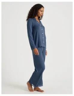 Chloe & Lola Pure Comfort Lace Trim Long Sleeve Long PJ Set in Indigo