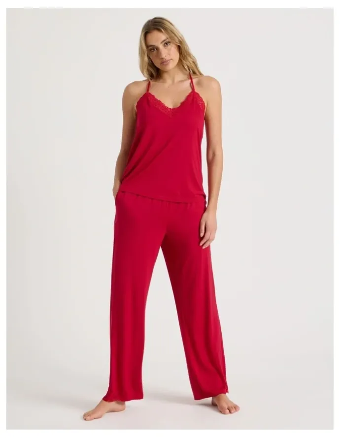 Chloe & Lola Pure Comfort Lace Trim Cami Long PJ Set in Chilli Red