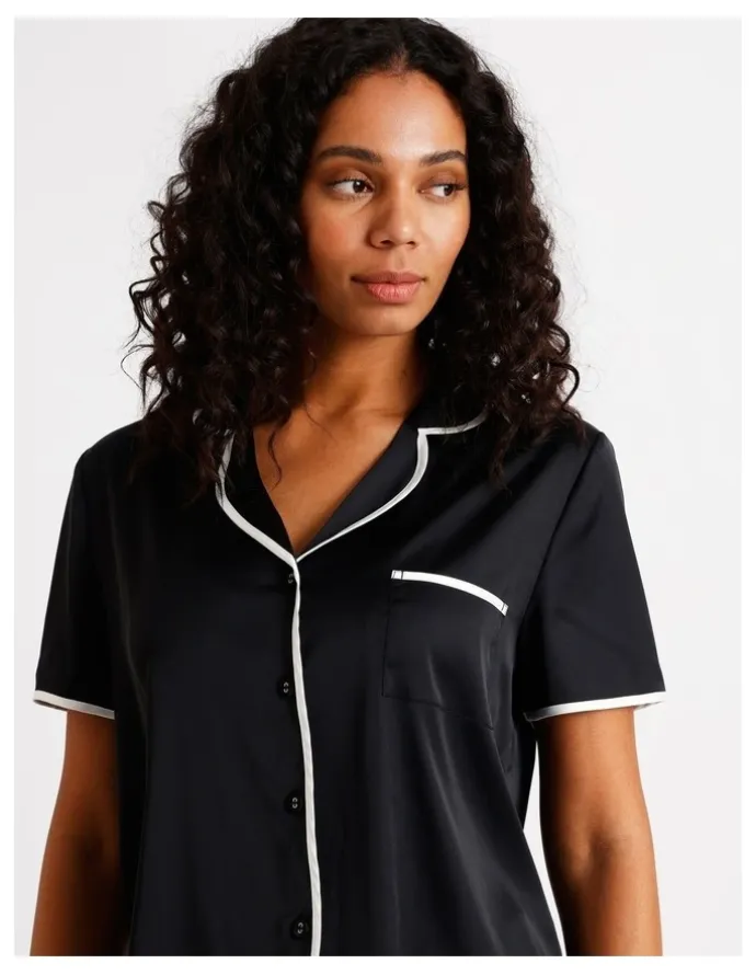 Chloe & Lola Signature Satin Binding Short Sleeve Short PJ Set in Black