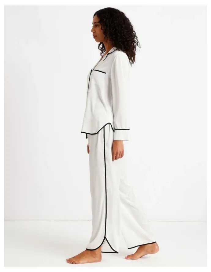 Chloe & Lola Signature Satin Binding Long Sleeve Long PJ Set in Ivory