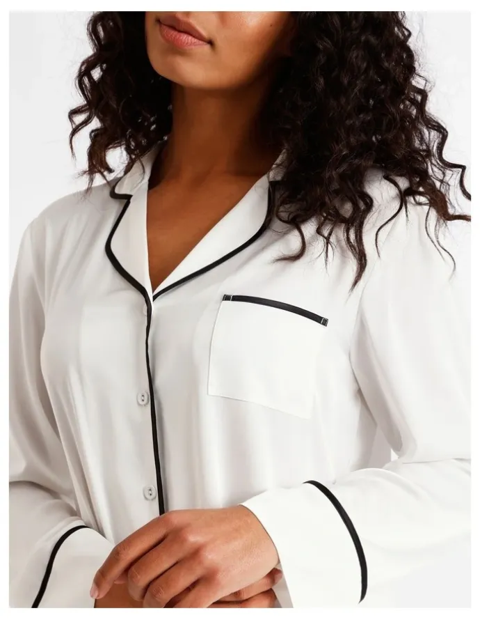 Chloe & Lola Signature Satin Binding Long Sleeve Long PJ Set in Ivory