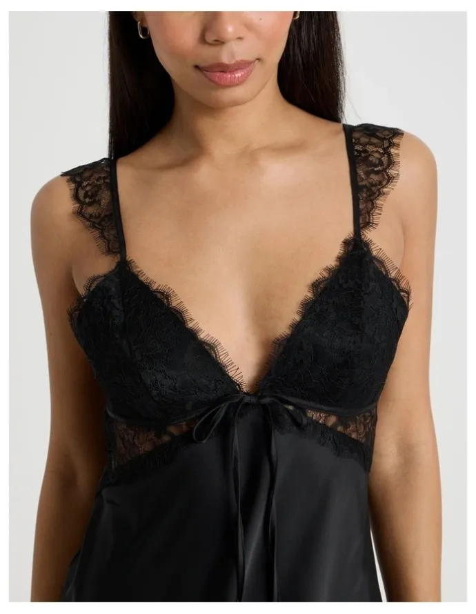 Chloe & Lola The Vow Satin & Eyelash Lace Short Chemise in Black