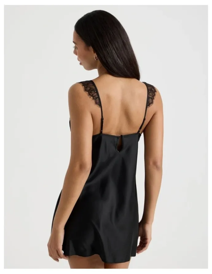 Chloe & Lola The Vow Satin & Eyelash Lace Short Chemise in Black