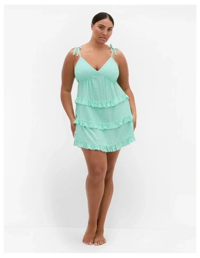 City Chic Gigi Gingham Sleepwear Chemise in Jade