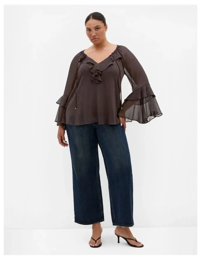 City Chic Glam Frill Top in Espresso