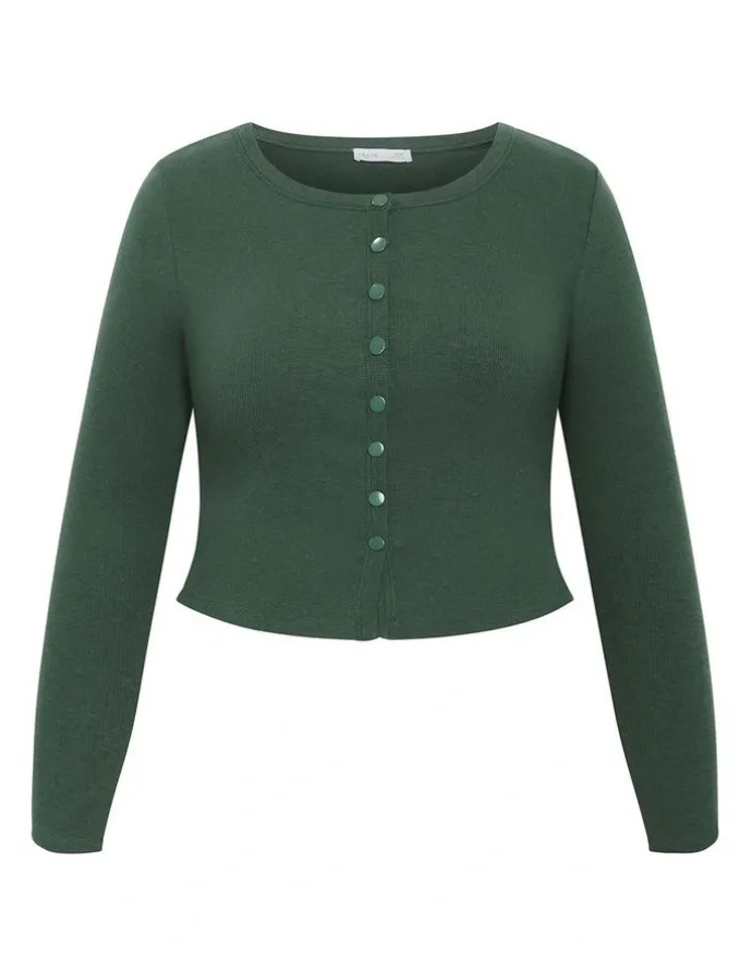 City Chic Lily Button Through Rib Top in Forest