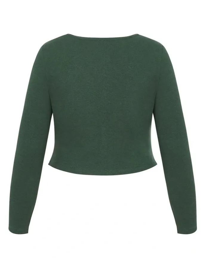 City Chic Lily Button Through Rib Top in Forest