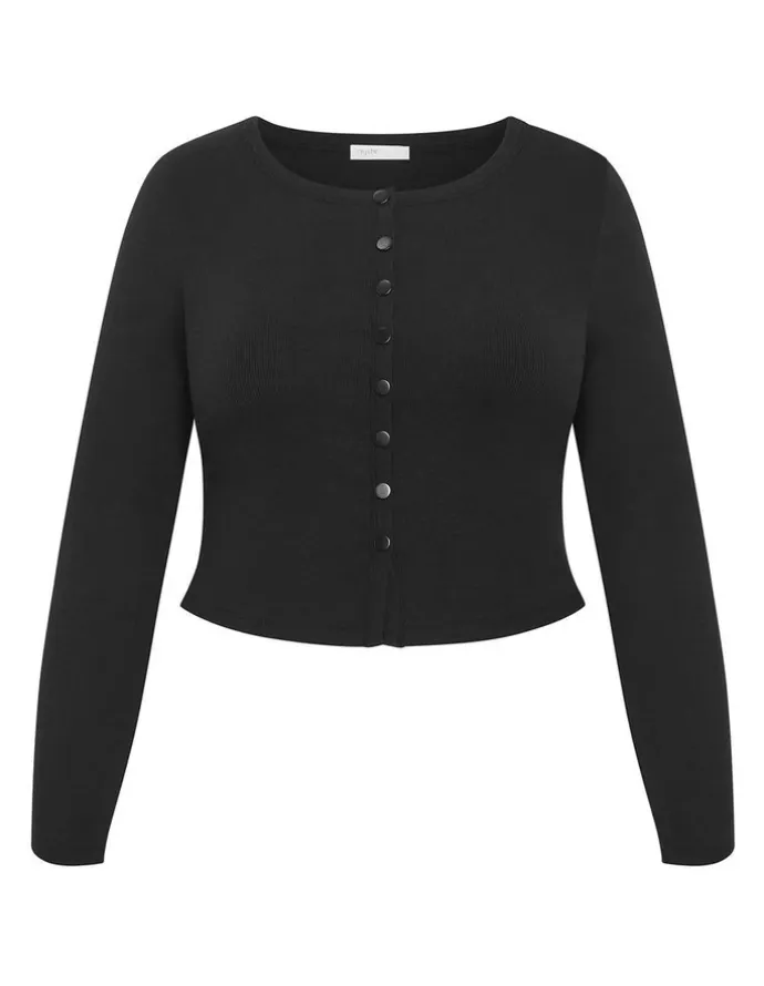 City Chic Lily Button Through Rib Top in Black