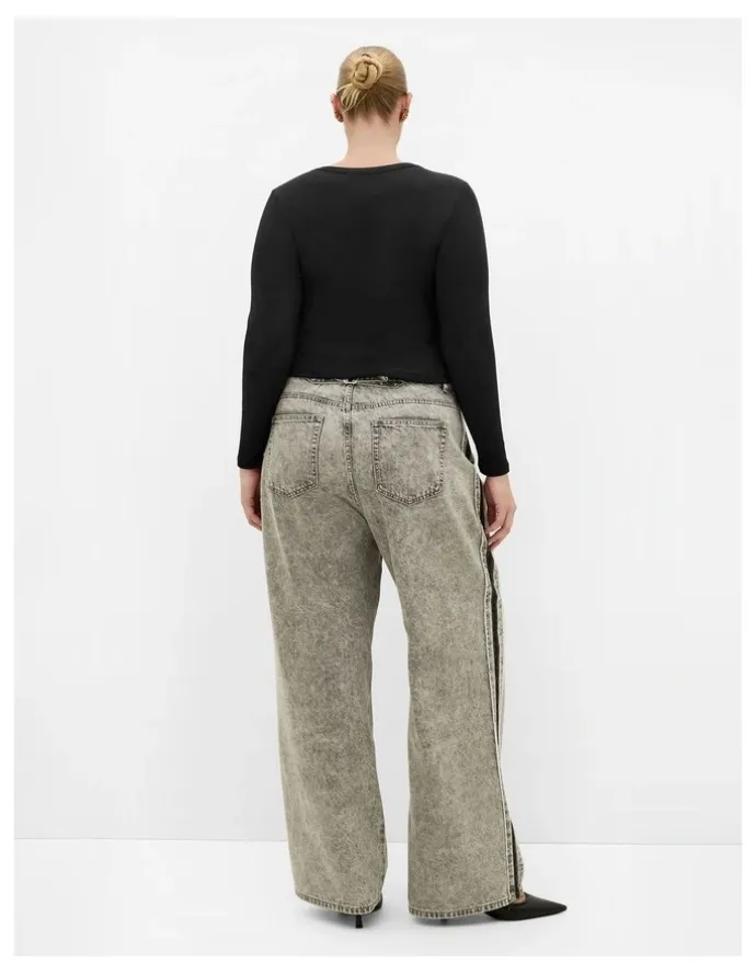City Chic Lily Button Through Rib Top in Black