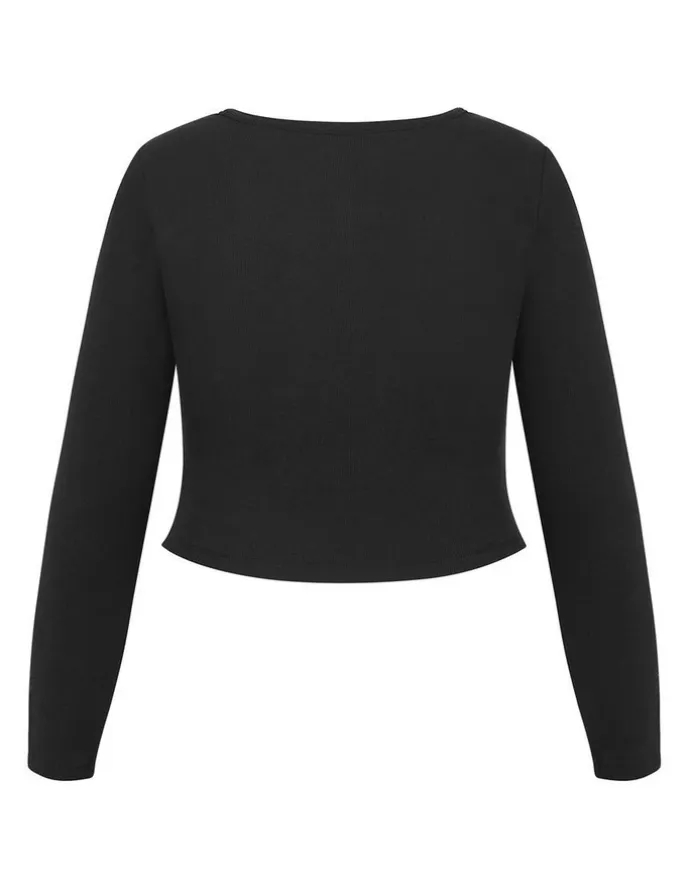 City Chic Lily Button Through Rib Top in Black