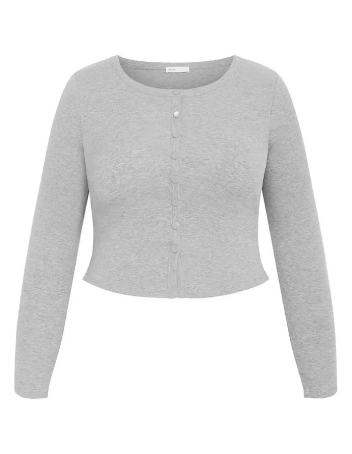City Chic Lily Button Through Rib Top in Grey Marle