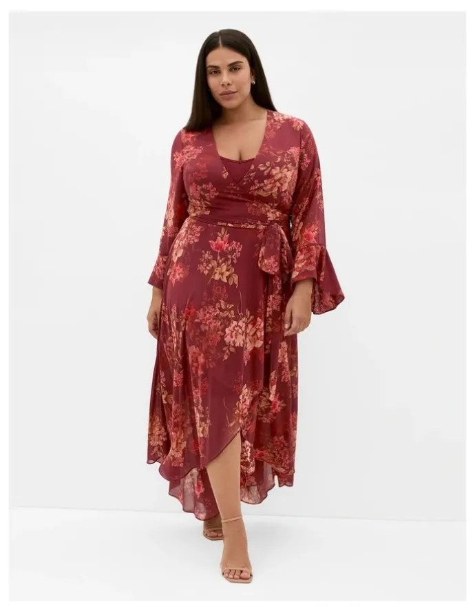 City Chic Bloom Print Wrap Maxi Dress in Rust
