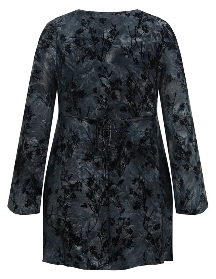 City Chic Devore Flock Print Mini Dress in Smoke