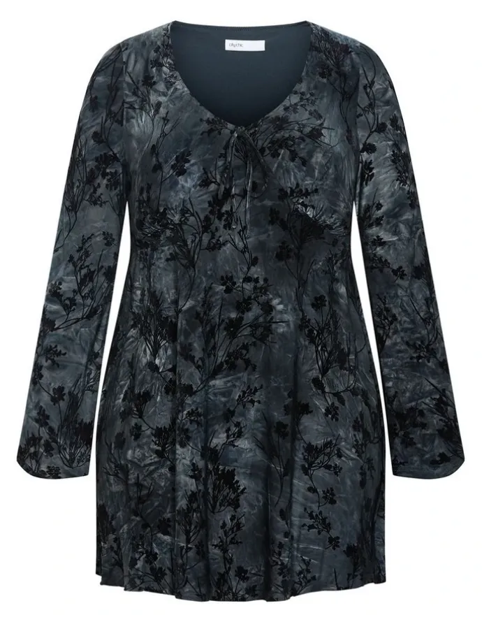 City Chic Devore Flock Print Mini Dress in Smoke