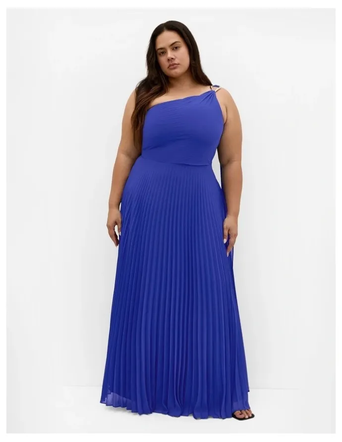 City Chic Eloura One Shoulder Pleat Maxi Dress in Deep Ocean