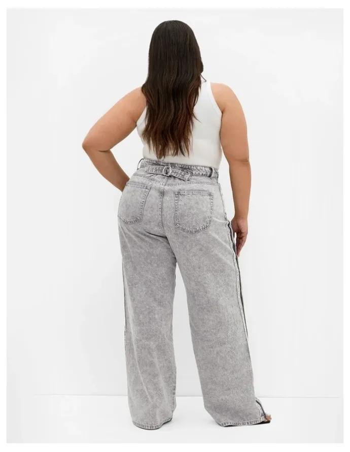 City Chic Harley Fit Leila Side Stripe Wide Leg Jean in Light Grey Wash